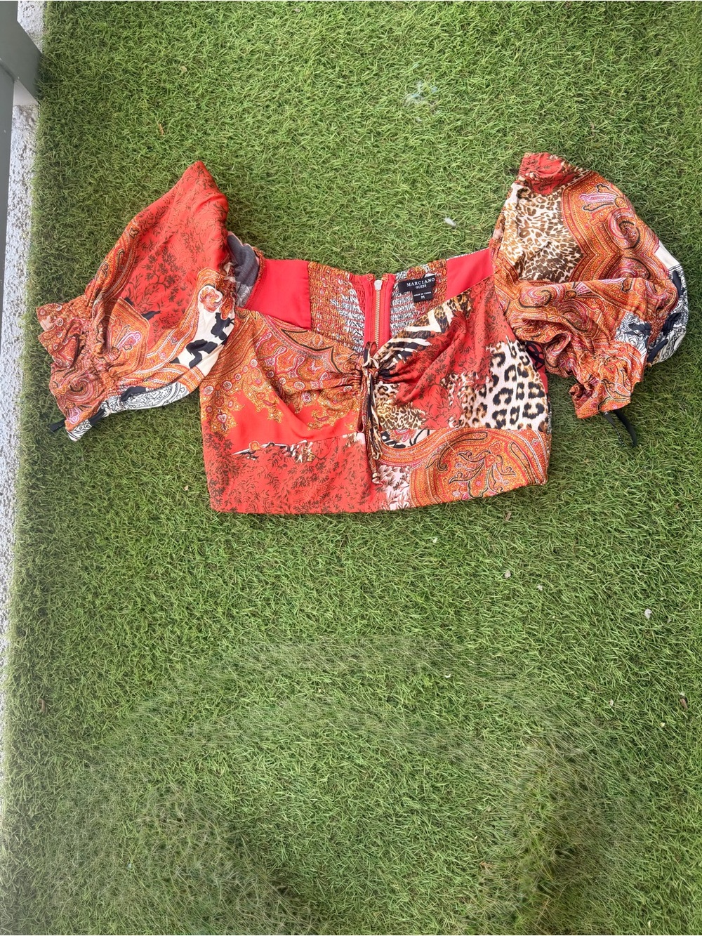 Guess by Marciano Red-Orange Paisley & Animal Print Puff-Sleeve Crop Top